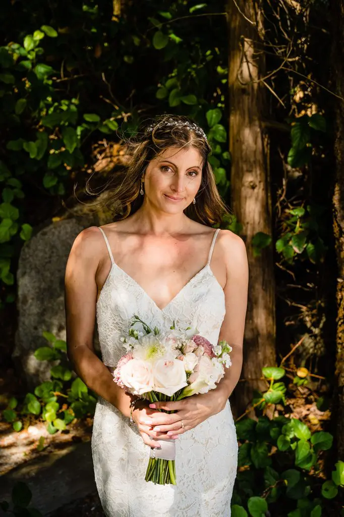 bridal portrait in trees beside beach on the sunshine coast