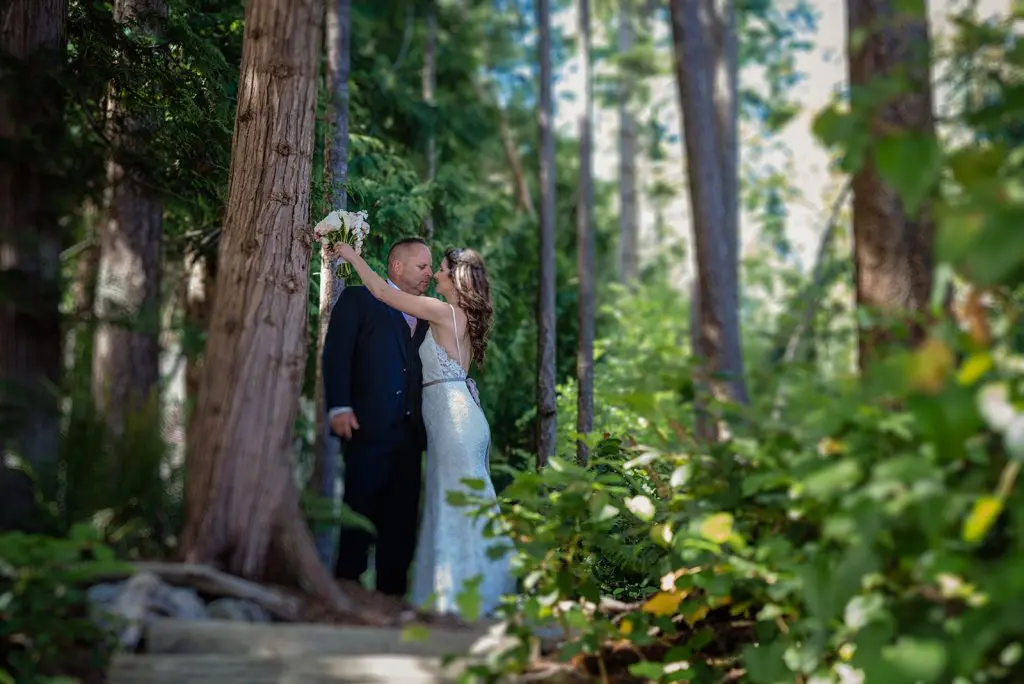 bride and groom hug against a tree on a sunshine coast beach