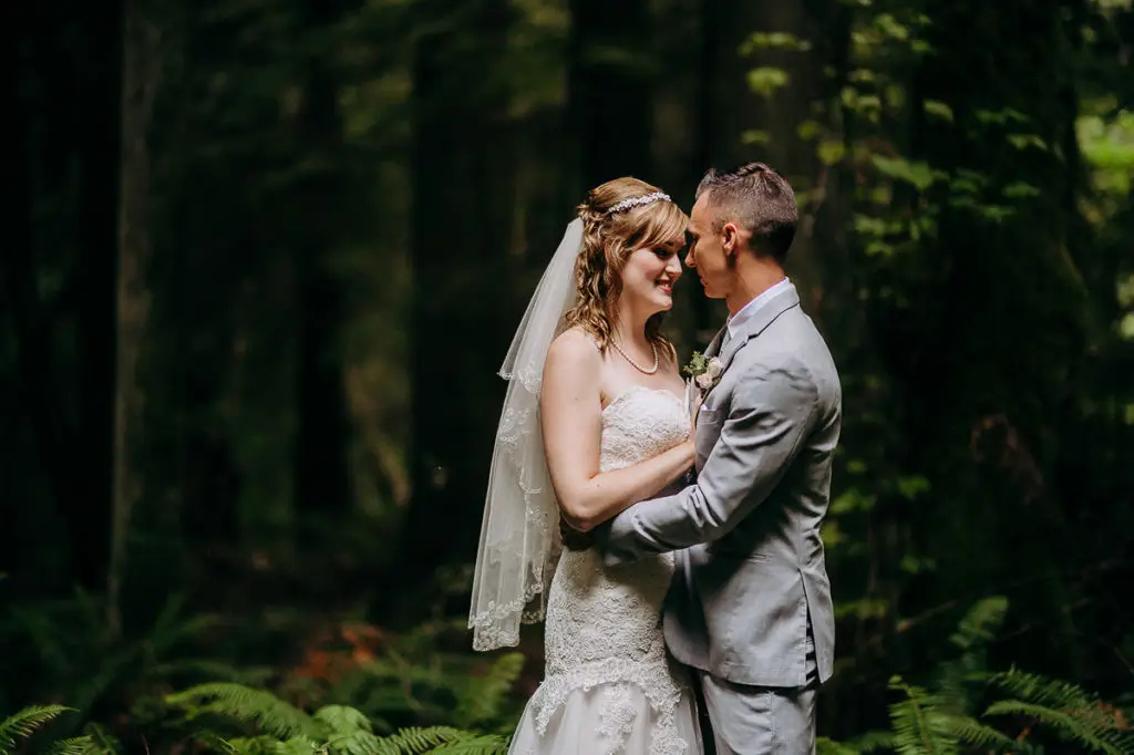 bride and groom portrait in the forest