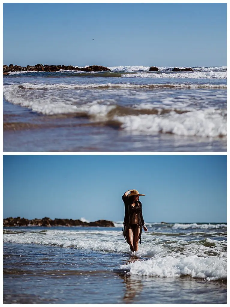 Leah walking on a beach in Troncones amongst the waves