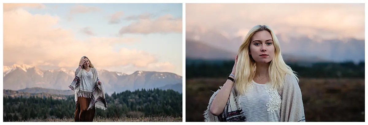 Girl walking in the mountains at sunset